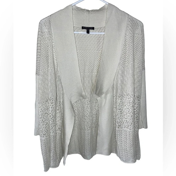 Eileen Fisher Sweaters - EILEEN FISHER Silk Waterfall Cardigan Sweater Neutral Ivory Boho Size Medium